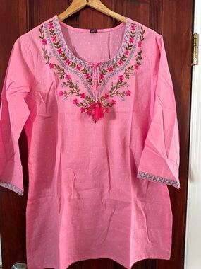 Pink Embroidered cotton kurti with  Tassel Neck(NEW)